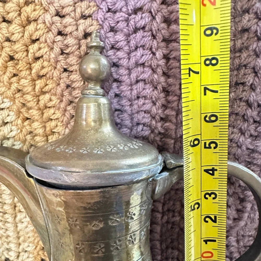 Vintage Brass Dallah Arabian Coffee Pot Hand Etched Middle Eastern 7.5in